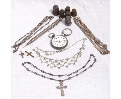 A collection of silver jewellery, to include necklaces, a fob watch (A/F), yard o' lead propelling pencil, brass thimbles etc