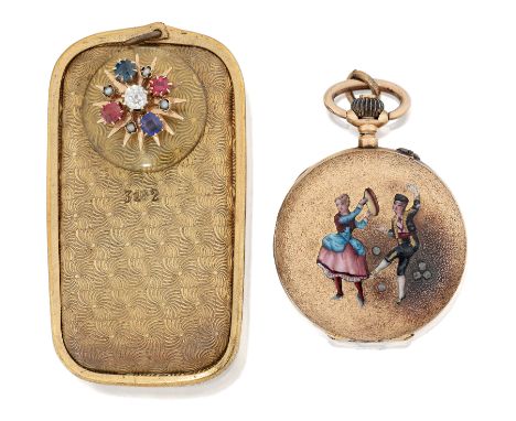 A late 19th century gold and enamel fob watch; and a gilt mounted musical box pendant,&nbsp; the fob watch with keyless ten j