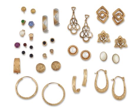 A group of gold earrings and costume jewellery,&nbsp;the earrings including 9ct gold hoop and stud earrings, sapphire single 