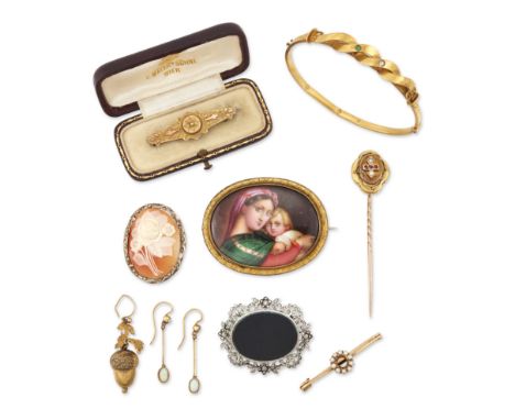 A group of jewellery,&nbsp;comprising: a 19th century ruby and half pearl set stick pin; a 9ct gold hollow brooch; a pair of 