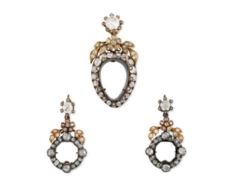 A group of diamond set mounts, comprising: a vacant central pear shaped collet with rose cut diamond set claws, within old mi