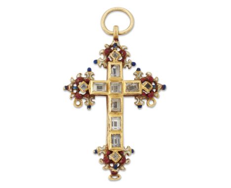 A 17th century gold enamel and rock crystal reliquary cross pendant, Spanish or Italian, set with table-cut rock crystals to 