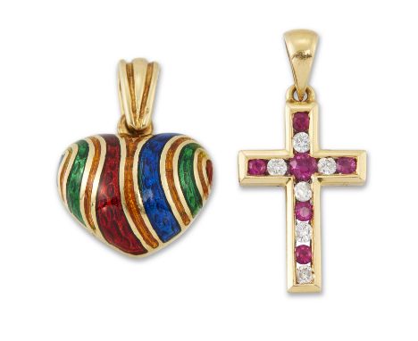 Two 18ct gold pendants, comprising: an 18ct gold and polychrome enamel heart pendant, Birmingham import hallmarks, length 1.7