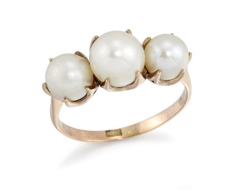 A cultured pearl three stone ring,&nbsp;the claw set graduated cultured pearls to plain hoop, stamped K10, ring size P