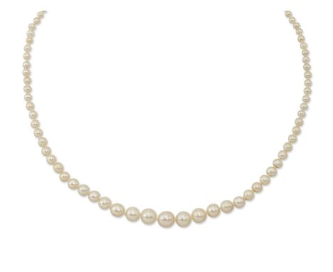 A pearl necklace with diamond clasp, in the form of a single graduated row of pearls, diameters range from 1.9mm to 5.6mm, to