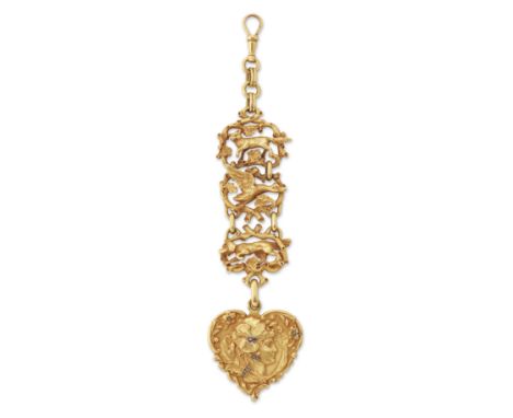 An Art Nouveau 18ct gold diamond set fob, articulated panels decorated with a fox, a goose and a spaniel each within branchin