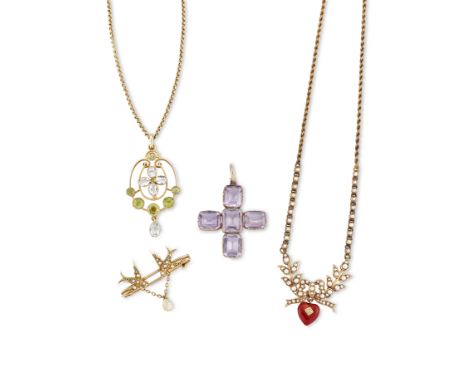 A group of antique jewellery, comprising: an early 19th century gold mounted amethyst cruciform pendant, with split ring, len