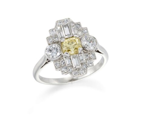 A coloured diamond and diamond panel ring, the central square cut cornered yellow diamond flanked by two collet set brilliant