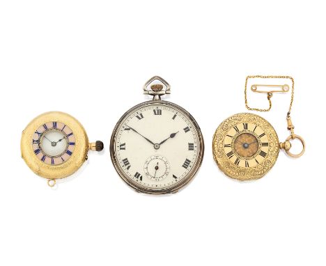 A lot of three various pocket watchesComprising: a Swiss 18ct gold half hunter key wind cylinder watch with foliate engraved 