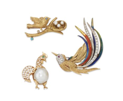 Three bird brooches, comprising: an 18ct gold sapphire, turquoise, diamond and cultured pearl brooch by Ben Rosenfeld in the 
