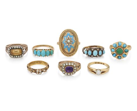 A group of 19th century rings,&nbsp;comprising: an Italian turquoise cluster ring, ring size M approximately; a Victorian 18c