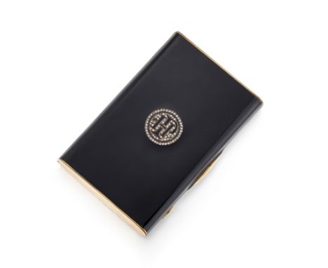An early 20th century gold and diamond cigarette case, with black enamel and a rose cut diamond monogram to the cover, indist