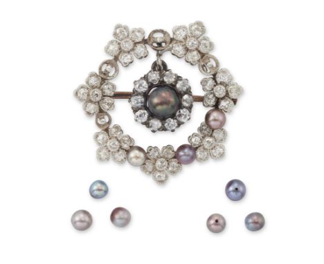 A pearl and diamond wreath brooch, the central pearl and old cut diamond cluster within openwork wreath surround composed of 