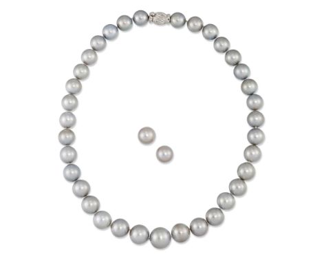 A cultured South Sea pearl necklace and earrings,&nbsp;the single row necklace with graduated silver cultured South Sea pearl