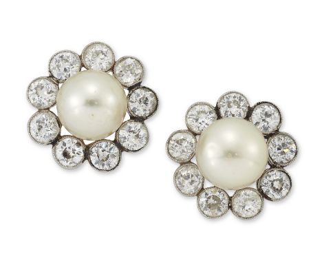 A pair of natural pearl and diamond cluster earrings, designed as a cup set natural pearl within old brilliant cut diamond cl
