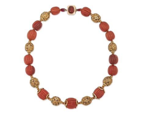 An 18th century Italian fluted coral bead and gold enamel bead necklace, with fluted coral (corallium rubrum) 'melon' beads, 