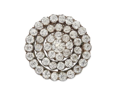 A Victorian diamond circular brooch, designed as an old brilliant cut diamond central cluster with diamond graduated double r