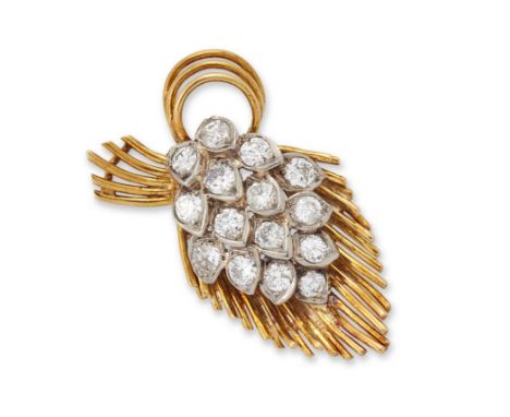 A diamond set brooch, a cluster of brilliant cut diamonds grain set to pear collets, to wirework surround and spray, length 3