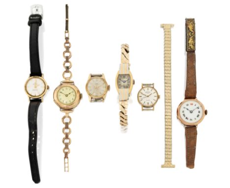 A lot of six various watches&nbsp;Including: an Art Deco 18ct three colour gold manual wind watch, Glasgow import hallmarks 1