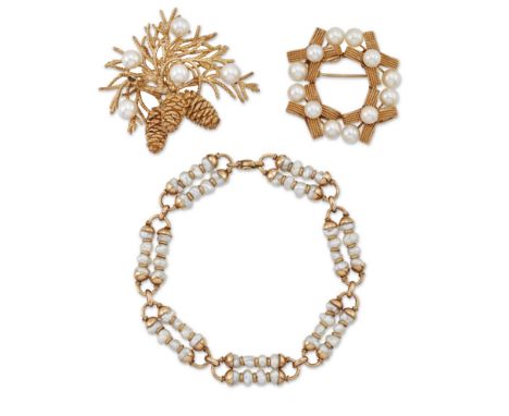 Two cultured pearl brooches and a cultured pearl bracelet, one brooch of wreath form, the other designed as a branching spray