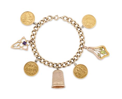 A 9ct gold solid curb link bracelet, stamped 9ct, suspending: four half sovereigns with soldered mounts, dated 1908, 1912, 19