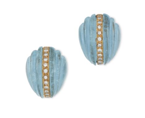 A pair of carved aquamarine and diamond earrings, each carved as a single polished fluted tapering aquamarine panel with an i