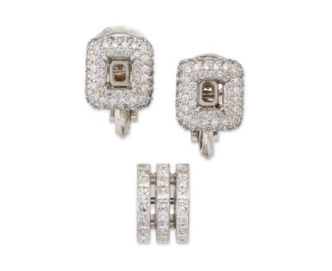 A pair of earring mounts and a diamond pendant, the earring mount with vacant central collets to pavé brilliant cut diamond s