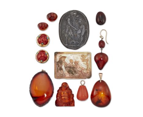 A group of jewellery, comprising a carved mother of pearl plaque; a pewter cast cameo; a pair of enamel and turquoise earring