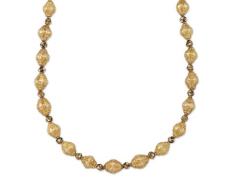 An Italian gold and enamel bead necklace, 18th/19th century, with hollow bicone beads with embossed lozenge decoration, alter