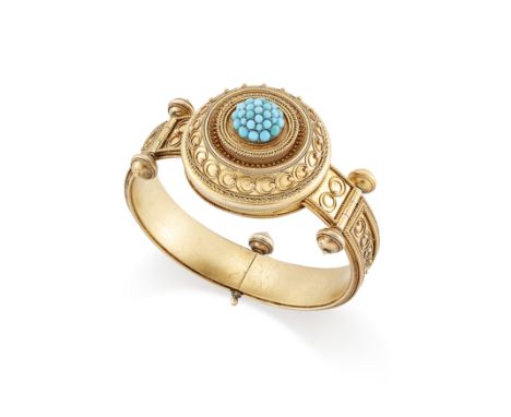 A Victorian Archaeological Revival gold and turquoise bangle, with a cluster of pavé turquoise cabochons to the central round