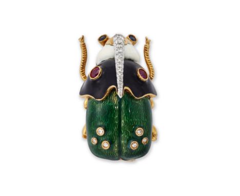 Asprey & Co., An enamel and gem set beetle brooch, the polychrome enamel body set with ruby, sapphire and diamond, to double 