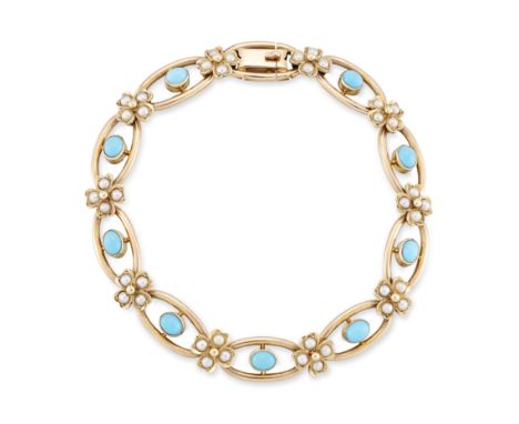 An Edwardian 15ct gold turquoise and half pearl bracelet, hollow open curb links each set with an oval cabochon turquoise and