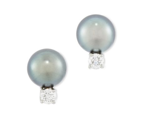 Tiffany &amp; Co. A pair of cultured Tahitian pearl and diamond earrings, designed as a cultured Tahitian pearl, 10-10.5mm in