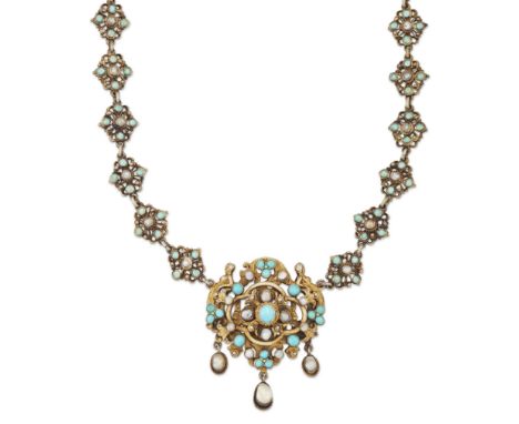 An Austro-Hungarian Renaissance Revival silver gilt turquoise and blister pearl necklace, the central pierced pendant with re