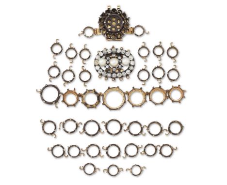 A group of antique collets and clasps,&nbsp;comprising: a five row clasp with a row of three pearls within old cut diamond se
