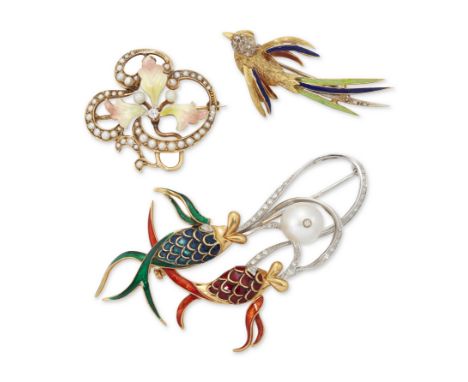 Three enamel brooches,&nbsp;comprising: an early 20th century American gold translucent enamel flower brooch with diamond cen
