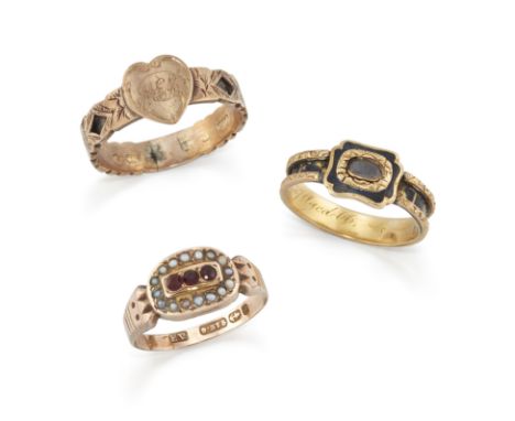 Three Victorian gold rings, comprising: a 9ct gold ring with heart plaque and engraved decoration (woven hair lacking), Birmi