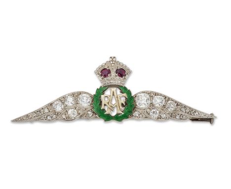An early 20th century 18ct white gold diamond, ruby and enamel sweetheart badge brooch, the letters RAF within green enamel w