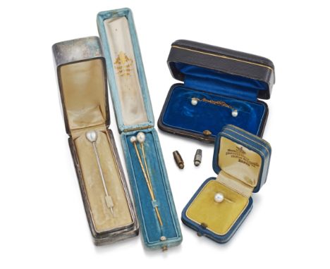 A group of pearl jewellery, comprising: a platinum single stone pearl stick pin by Gross &amp; Cie, French marks and maker's 