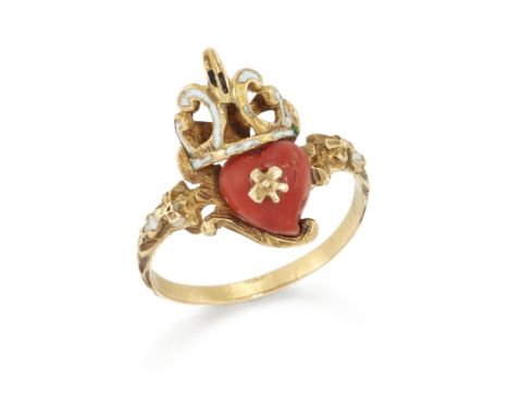 A late 17th/early 18th century Italian coral and enamel ring,&nbsp;the carved coral (corallium rubrum) heart with enamelled c
