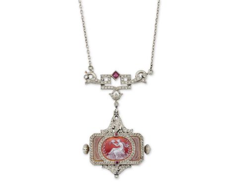 Swiss/French. A gold, platinum, enamel, diamond and ruby set pendant watch on platinum chainCirca 1900Swiss keyless wind move