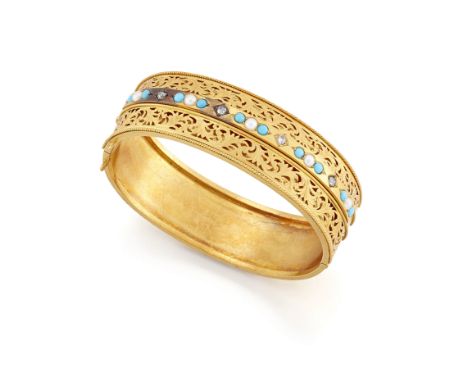 A Victorian gold diamond, turquoise and pearl set bangle, the upper half with rose cut diamonds, turquoise cabochons and half