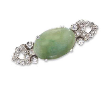 A jadeite jade and diamond brooch, the oval cabochon jade in four claw mount to diamond openwork palmette shoulders, length 3