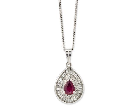 A ruby and diamond pendant, the pear shaped pendant with a central pear cut ruby within two row brilliant cut and baguette cu