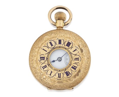 Swiss. An unsigned 18k gold half hunter pocket watch&nbsp;Circa 1890Keyless Swiss lever movement, white enamel dial with off 