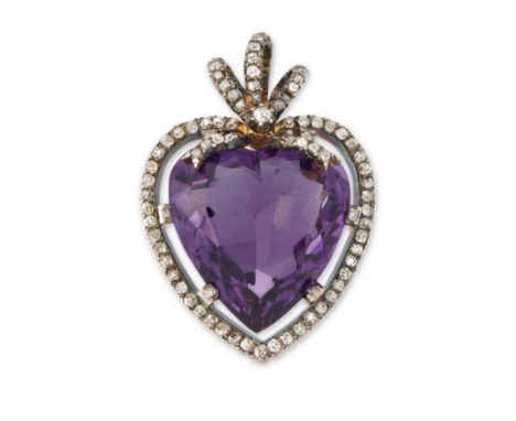 A Victorian amethyst and diamond heart pendant, the heart shaped mixed cut amethyst within old cut diamond set surround and w