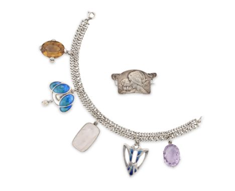 A silver bracelet suspending a collection of charms, including a silver pearl and enamel pendant by Murrle Bennett &amp; Co.,