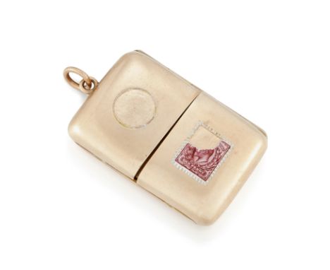 George Unite. A 9ct gold combination sovereign and stamp case, with two hinged covers, (enamel lacking), Birmingham hallmarks