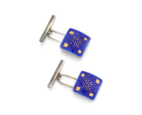 Sheila McDonald. A pair of sterling silver and enamel cufflinks,&nbsp;square panels with blue enamel and gold decoration,&nbs