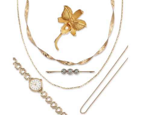 A group of jewellery, including: a 9ct gold Rotary quartz bracelet watch, Birmingham hallmarks; a 9ct gold herringbone link c